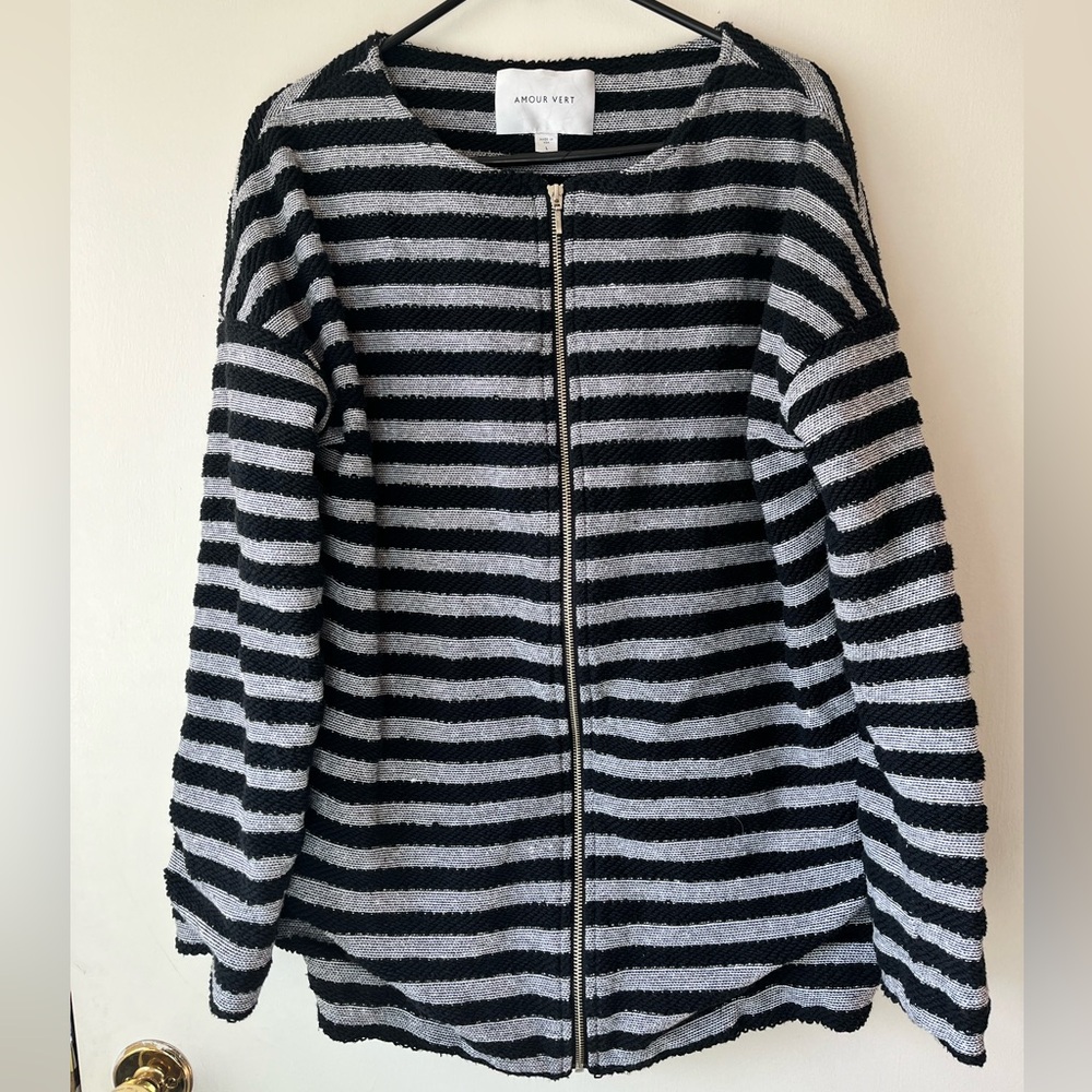 Amour Vert Black and Gray Striped Zip-Front Light Jacket